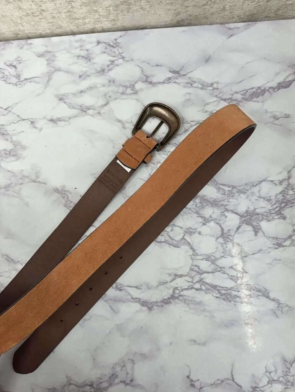 Tan Suede Leather Belt with Antiqued Brass Tone Buckle
